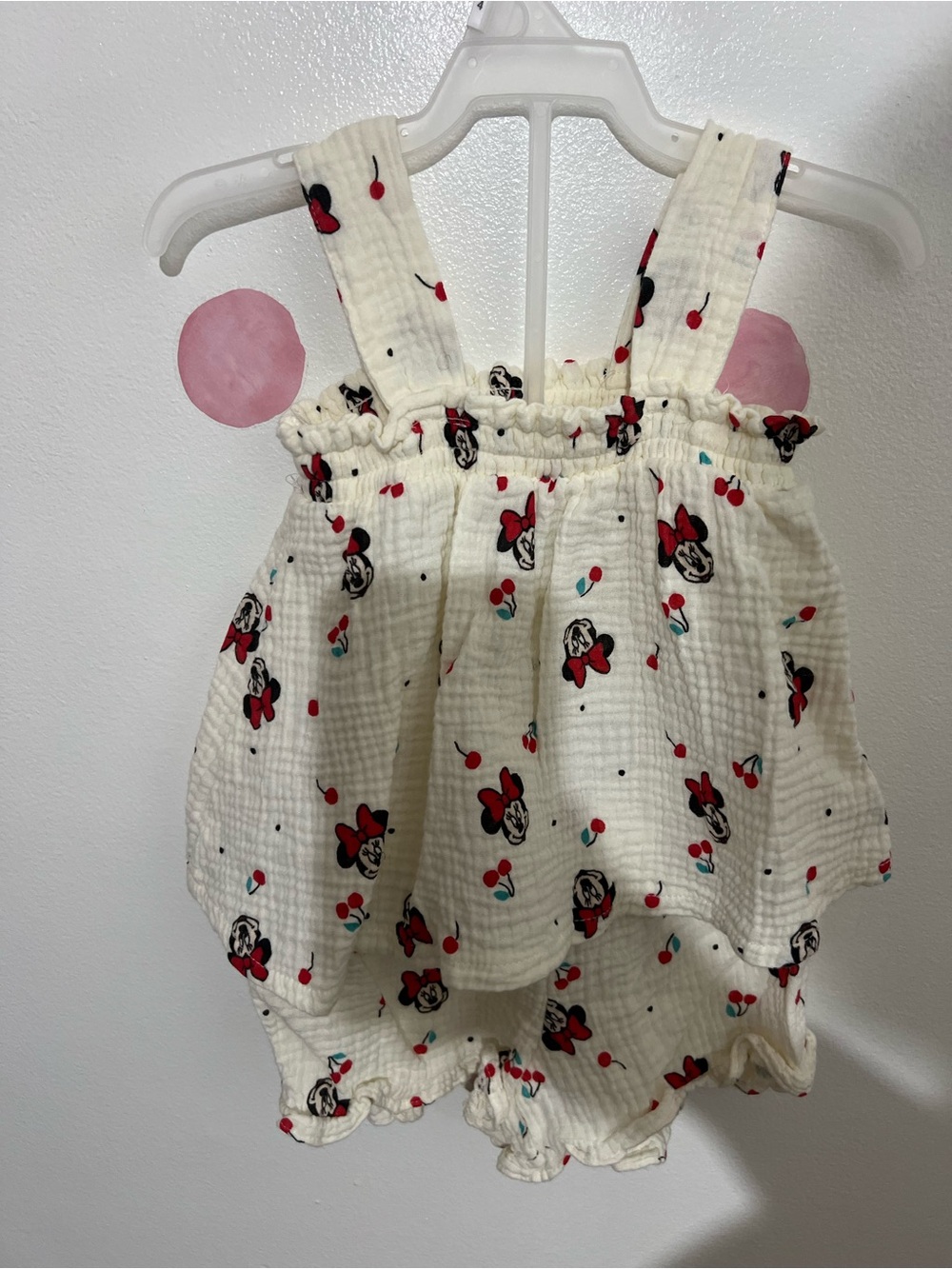 Disney Cream Baby Romper with Red and Black Minnie Faces and Teal Accents
